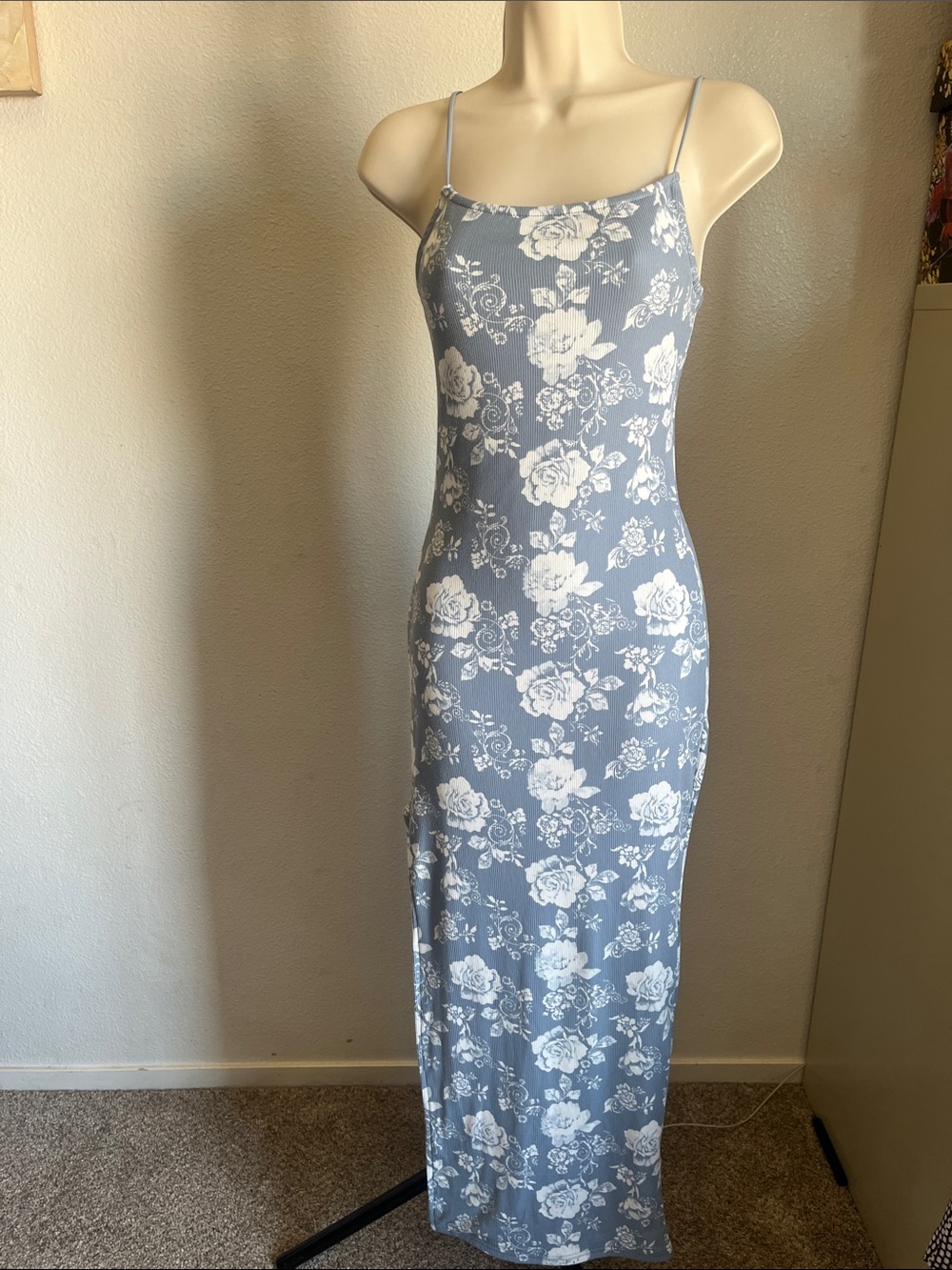 Justify Light Blue and White Floral Spaghetti-Strap Maxi Dress